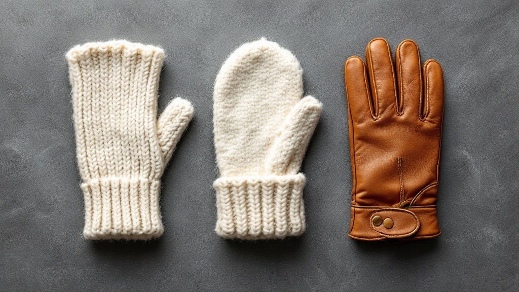 Mitaines, moufles et gants en laine posés côte à côte sur une surface neutre