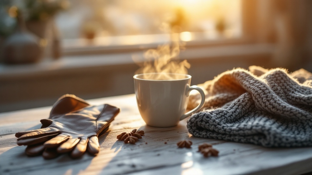 Mains autour d’un mug fumant, lumière chaude et douce