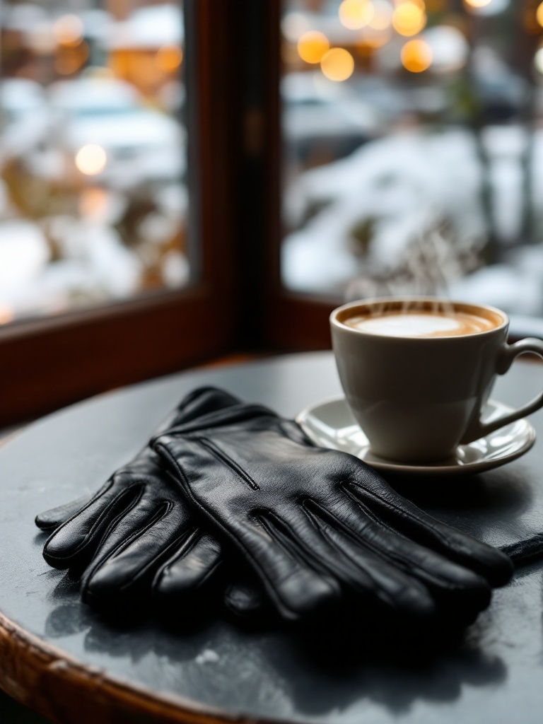 Gants en cuir posés sur une table de café près d’une fenêtre enneigée, un cappuccino à côté